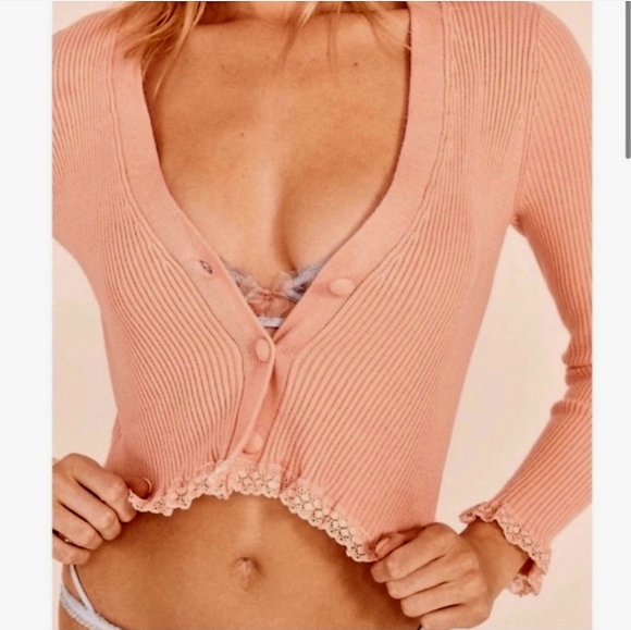 For Love And Lemons Sweaters - For Love And Lemons Nina Cardigan Peach Pink Women's Medium Lace